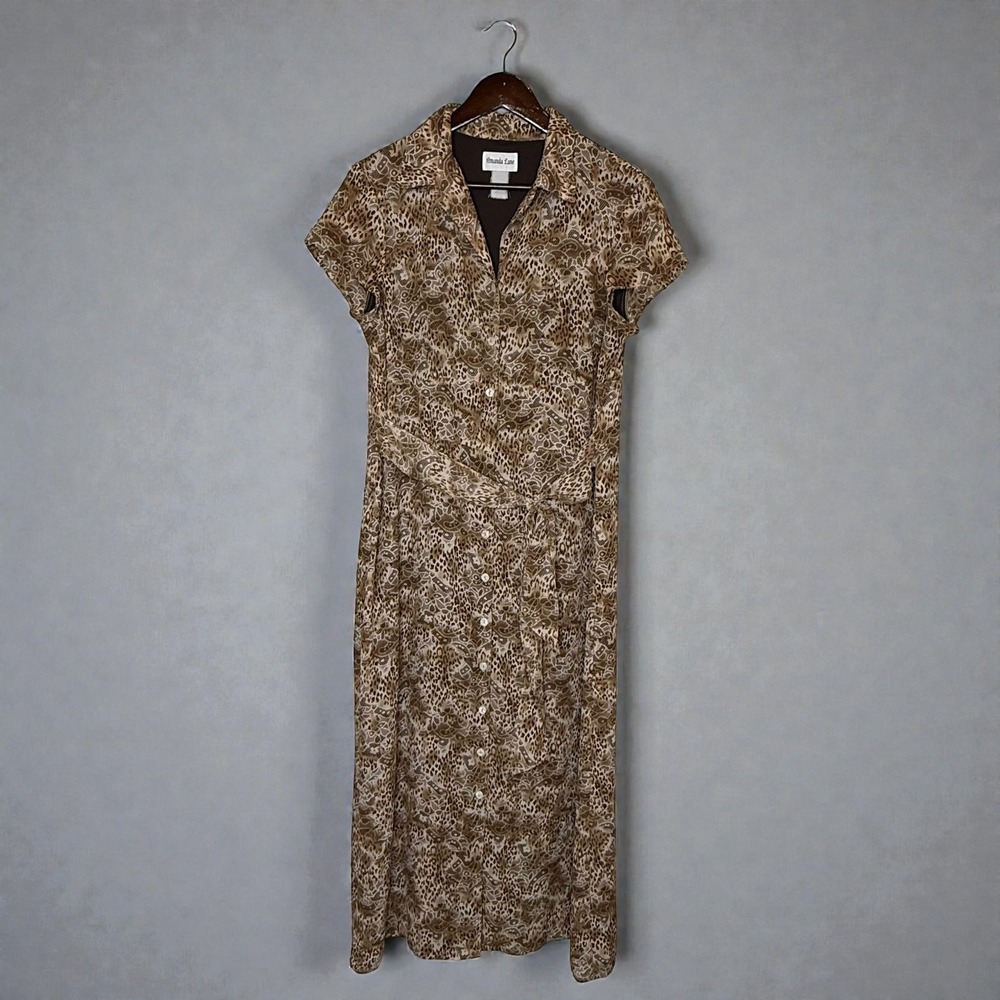 Vintage Amanda Lane Animal Leopard Print Midi Shirt Dress Tie Waist size 12